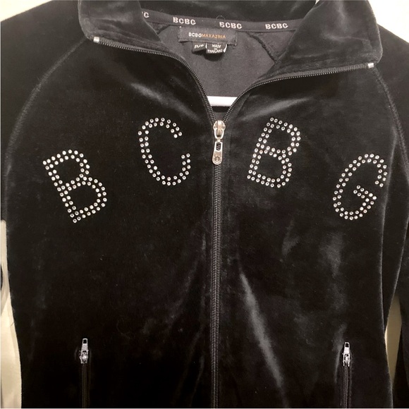 BCBG Max Azria Y2K Black Velour Logo Embellished Track Jacket Size P/S 2000s - Picture 5 of 5